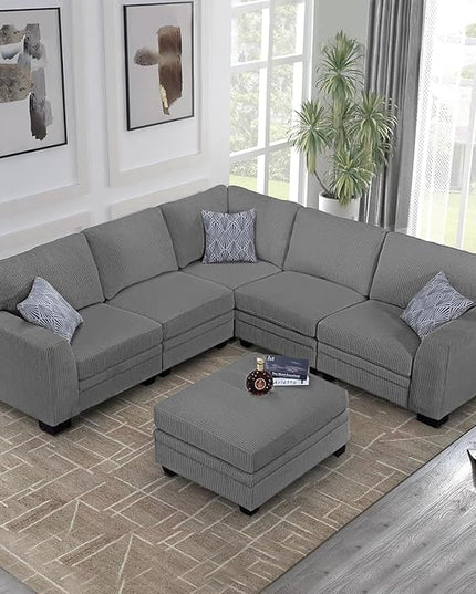 Legend Vansen Oversized Modular Sectional Sofa,6 Seat U Shaped Couch with Ottoman,Corduroy Sofa with Deep Seat,Convertible Large Sectional Couches for Living Room (Grey, L-6)