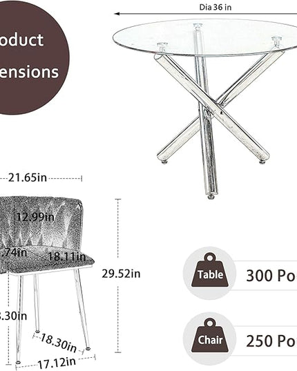 Modern Golden Round Dining Table Set, 36'' Clear Circle Glass Top Dinner Room Set, 5 PCS Luxury Circular Kitchen Table and Green Woven Chairs Set of 4, for Small Apartment Bedroom Leisure