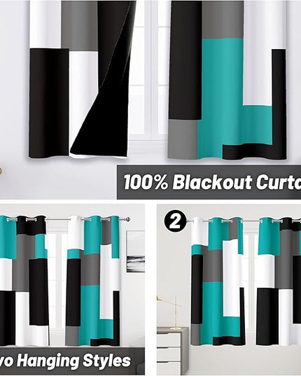 Teal/Turquoise 100% Blackout Curtains 45 inch Length 2 Panels Set Black White Grey Modern Abstract Geometric Drapes for Kitchen Curtains Insulated Room Darkening Small Window Curtains, 42Wx45L