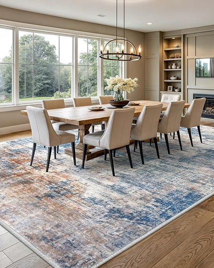 IOHOUZE Abstract Area Rugs 9x12 Ft Washable Large Rugs for Living Room, Non Slip Dining Room Rug, Printed Faux Wool Rugs for Bedroom, Floor Carpet for Office Nursery Playroom, Blue Rust