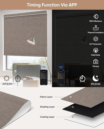 Kincmo Motorized Blinds with Remote,100% Blackout Motorized Roller Shades Work with Apple Homekit,Alexa,Google, Custom Electric Blinds with App,Voice Control (Groove Brown)