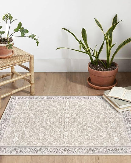 2x3 Washable Rug Soft Area Rug for Entryway, Grey Begie Non-Slip Indoor Door Mat Distressed Floral Low-Pile Kitchen Rugs, Neutral Vintage Carpet for Entrance Kitchen Bedside Farmhouse