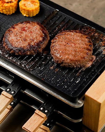 CUSIMAX Electric Grill Raclette Table Grill, 2 in 1 Indoor Grill with Non-Stick Grill & Griddle Plate, Raclette Grill with Wooden frame, 8 Cheese Pans & Wooden Spatulas, Three-Layer Korean BBQ Grill