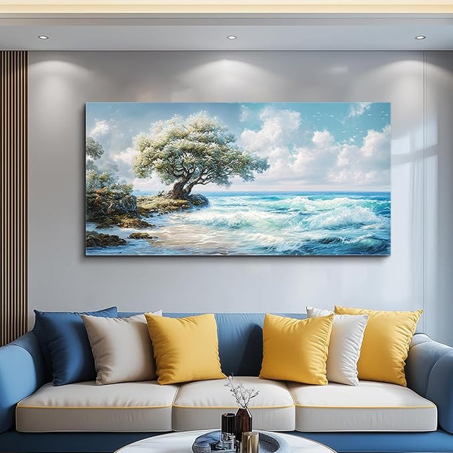 XIGUANGART Large Coastal Wall Art for Living Room Wall Decor for Bedroom Beach Sunset Blue Ocean Waves Nature Seascape Pictures Trees on Rock Scenery Canvas Print Artwork Painting for Bathroom Office