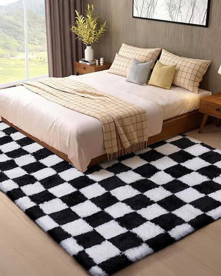 Ophanie Checkered Black & White Rug for Living Room Bedroom, Fluffy Soft Cute Fuzzy Area Rugs, Shag Plush Shaggy Bedside Floor 8x10 Furry Carpet for Kids Baby Teen Dorm Nursery Home Decor Aesthetic