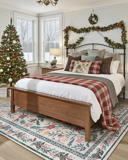 Wonnitar Christmas Rug for Living Room, Christmas Home Decor 8x10 Washable Rug, Ultra-Thin Soft Holiday Floral Print Non Slip Winter Indoor Carpet for Bedroom Kids Room Xmas Dining Room