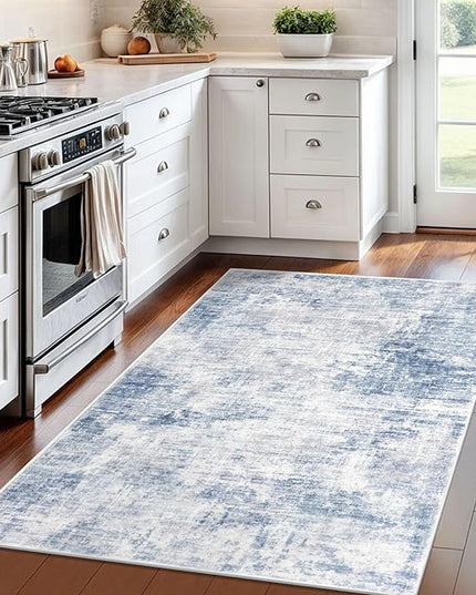 IOHOUZE Abstract Area Rug 4x6 Ft Washable Rugs for Entryway Indoor, Non Slip Small Living Room Rugs Printed Faux Wool Throw Rug, Floor Carpet for Kitchen Nursery Playroom, Light Blue White