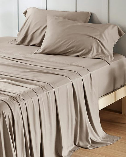 Bedsure California King Sheet Sets, Cooling Sheets, Rayon Derived from Bamboo, Deep Pocket Up to 16", Breathable & Soft Bed Sheets, Hotel Luxury Silky Bedding Sheets & Pillowcases, Simply Taupe