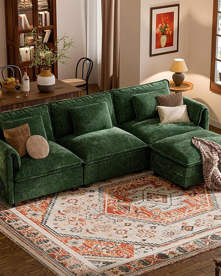 ELUCHANG 116" L Shaped Modular Sectional Cloud Couch with Pillow, Deep Seat Sofa Couches for Living Room, 4-Seat Modern Sofa with Movable Ottoman, Chenille Olive Green