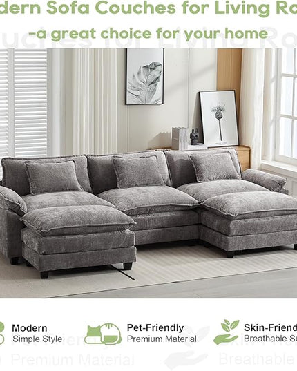 120" Modular Sectional Sofa, Comfy Cloud Couch Sectional Sofa with Ottoman, Chenille Sofa Sleeper Deep Seat Sofa with Throw Pillows for Living Room (Light Gray, 120"- U Shape)