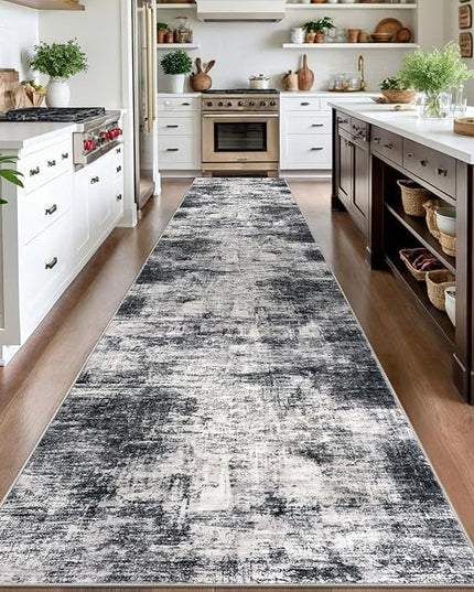IOHOUZE Abstract Runner Rug 3x16 Ft Long Washable Runners for Hallways, Non Slip Kitchen Runner Printed Faux Wool Entryway Runner Indoor, Modern Abstract Floor Carpet for Hall Stair, Black Grey