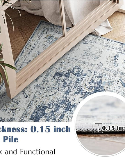 jinchan Fiora Long Hallway Runner Rug 2x12 Machine Washable Runner Rug Dark Blue Vintage Floral Design Non-Slip Ultra-Thin for Kitchen Laundry Room Bedroom Farmhouse (2‘x12', Dark Blue)