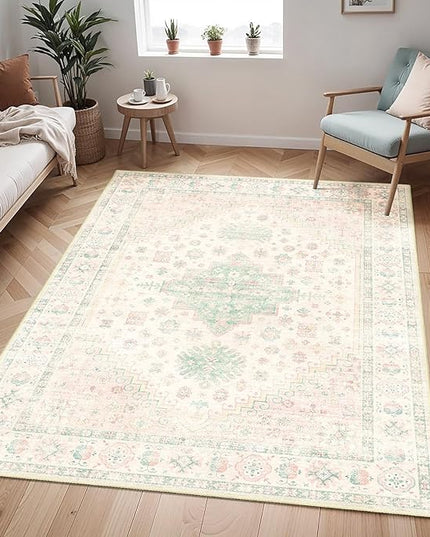 MUJOO Washable Rug 4x6.5,Boho Area Rugs for Bedroom Living Room Office Playroom,Small Non Slip Indoor Throw Carpet Low Pile Light Pink and Green