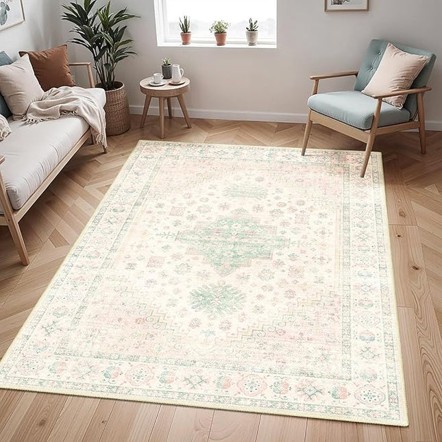 MUJOO Washable Rug 4x6.5,Boho Area Rugs for Bedroom Living Room Office Playroom,Small Non Slip Indoor Throw Carpet Low Pile Light Pink and Green