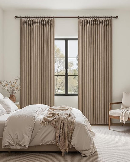 Blackout Double Layer Thick Linen Curtains 108 Inches Long for Sliding Glass Doors, Rust Brown Memory Trained Pinch Pleated Insulated Noise Reducing Elegant Window Curtain & Drapes 2 Panels 9FT Length