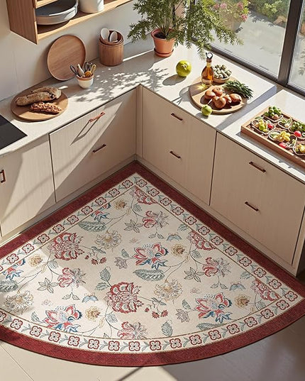 jinchan Elora Floral Corner Rug for Entryway Washable Rug Vintage Romance Christmas Design Non Slip Quarter Circle Lightweight Low-Pile Throw Carpet for Playroom Nook Nursery, 4ft Radius, Red/Beige