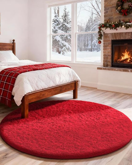 Ophanie Round Rug 4Ft Red Circle Area Rug, Christmas Room Decor, Aesthetic Nursery Bedroom Carpet, Fluffy Fuzzy Plush Soft Shaggy Living Room Rugs for Kids Boys Girls Home, Classroom