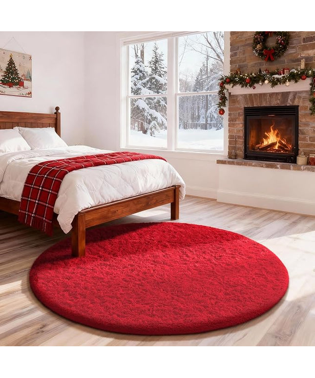 Ophanie Round Rug 4Ft Red Circle Area Rug, Christmas Room Decor, Aesthetic Nursery Bedroom Carpet, Fluffy Fuzzy Plush Soft Shaggy Living Room Rugs for Kids Boys Girls Home, Classroom