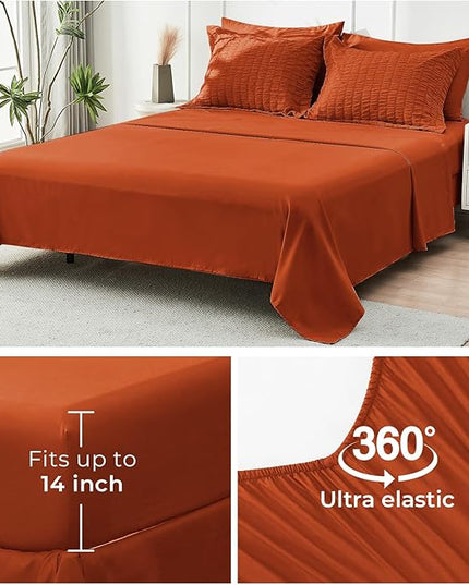 HYMOKEGE Burnt Orange Queen Comforter Set Seersucker 7 Pieces, All Season Luxury Bed in a Bag for Bedroom, Bedding Set with Comforters, Sheets, Pillowcases & Shams