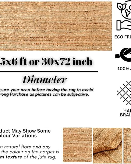 Jute Rug Runner - 2.5x6 Feet, Natural Fiber Hand Woven Area Rug for Kitchen, Bedroom - Boho Farmhouse Style Runner, Braided Design for Floor Decor (30x72 Inch)