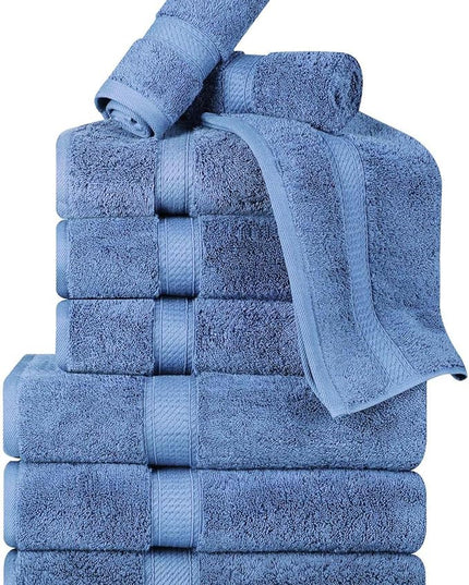 Superior Egyptian Cotton Pile 9 Piece Towel Set, Includes 3 Bath, 3 Hand, 3 Face Towels/Washcloths, Ultra Soft Luxury Towels, Thick Plush Essentials, Guest Bath, Spa, Hotel Bathroom, Denim Blue