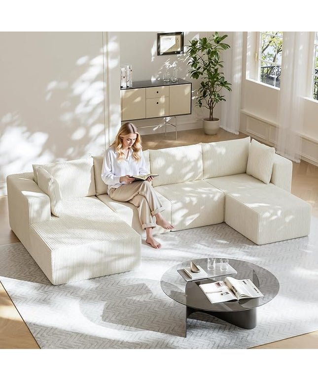 138" Boneless Couches for Living Room, Modular Cloud Couch Sofa - 5 Pieces U Shap Corduroy Sectional Sofa, Fluffy Memory Foam Sleeper Sofa Furniture, No Assembly, Wide Armrest, Beige