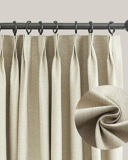 LETAU Linen Texture Beige Curtains 84 inches Long, Pinch Pleated 100% Blackout Privacy Cozy Curtains, 72" W x 84" L, 2 Panels