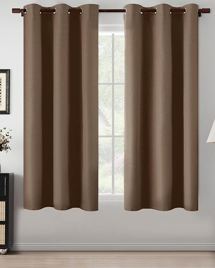 100% Blackout Taupe Linen Curtains 64 Inches Long for Bedroom, Thermal Insulated Lightweight Grommet Tan Curtain Panels for Small Window, Warm Taupe, W37 x L64, 2 Panels