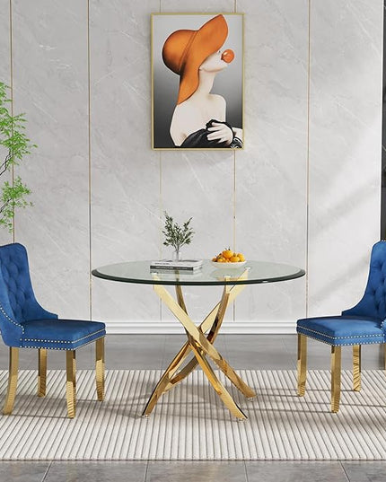 HomVent Round Glass Dining Table Set for 2, Modern Tempered Glass Kitchen Table Set and Chairs, Round Glass Dining Room Table Set for Kitchen (Gold, 36 inch Gold Table with 2 Blue Chairs)