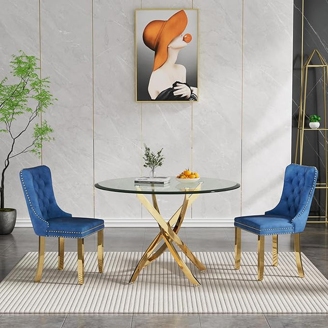 HomVent Round Glass Dining Table Set for 2, Modern Tempered Glass Kitchen Table Set and Chairs, Round Glass Dining Room Table Set for Kitchen (Gold, 36 inch Gold Table with 2 Blue Chairs)
