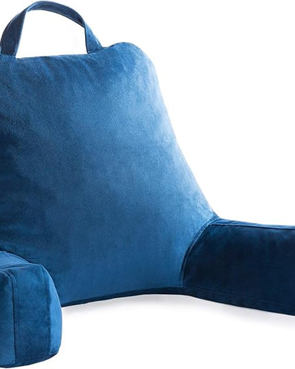 LINENSPA Reading Pillow with Shredded Memory Foam- Back Pillow for Sitting in Bed, Reading, Gaming, Watching TV – Bed Chair Pillow with Arms, Dorm Room Essentials, Navy