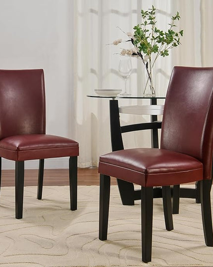 PADMA HOUSE Round Glass Dining Table Set for 2, 45in Modern Kitchen Small Wood Dinner Table with 2 Parsons Leather Dining Chairs 3 Piece Dining Room Table Chair Set, Clear&Wine Red