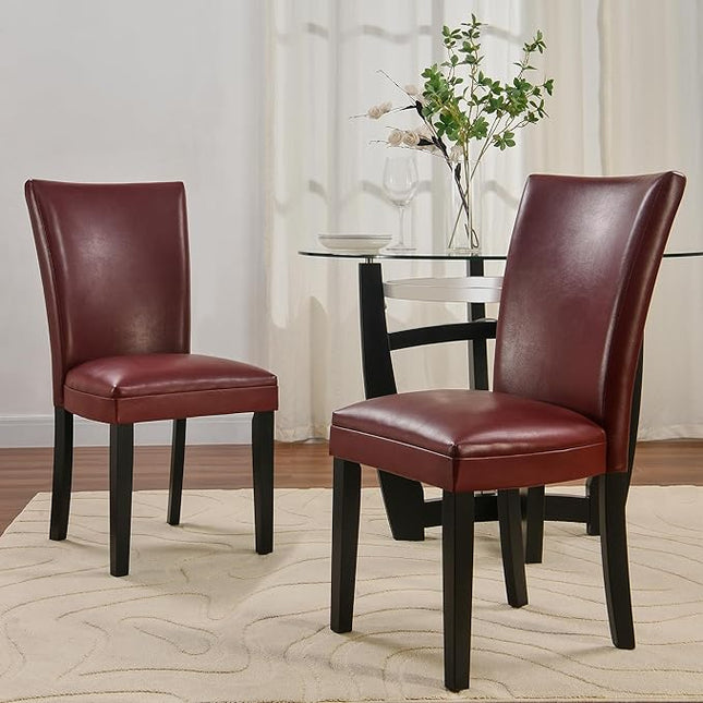 PADMA HOUSE Round Glass Dining Table Set for 2, 45in Modern Kitchen Small Wood Dinner Table with 2 Parsons Leather Dining Chairs 3 Piece Dining Room Table Chair Set, Clear&Wine Red