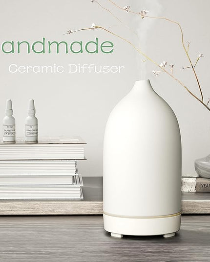 Essential Oil Diffusers,Handmade Ceramic Aromatherapy Diffuser for Room and 9 Colors Night Light for Home,Auto-Off (White)
