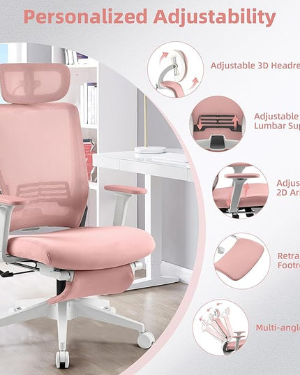 Foldable Office Chair with Foot Rest, Ergonomic Office Chair with Adjustable Lumbar Support, Headrest, Armrest, Home Office Desk Chair for Space Saving, Work from Home, Pink
