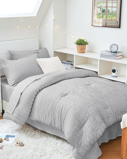 HYMOKEGE Light Grey Twin XL Comforter Set Seersucker 5 Pieces, All Season Luxury Bed in a Bag for Bedroom, Bedding Set with Comforter, Sheets, Pillowcase & Sham