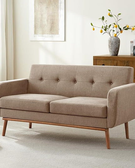 HUIMO Sofa Couch, Mid Century Modern Sofa with Solid Wood Frame, Button Tufted Couch for Bedroom, Living Room, Office, Apartment (Brown, 60 inch)