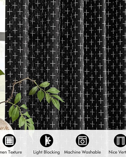 MIULEE Decorative Back Tab Linen Curtains with Geometric Pattern for Living Room Bedroom Farmhouse Rustic Thick Woven Textured Patterned Mudcloth Drapes 84 Inches Long 2 Panels Set, Black
