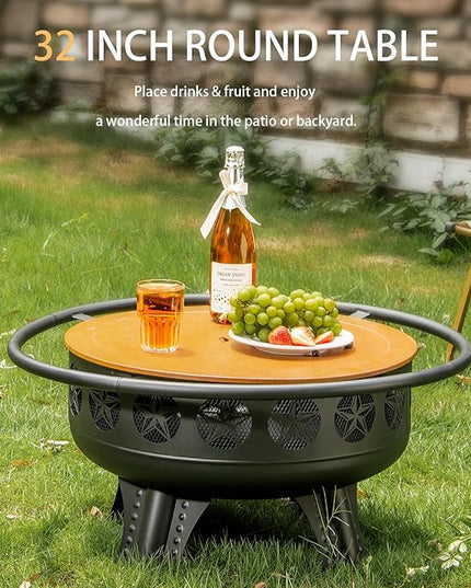 32 Inch Fire Pit with Swivel Cooking Grate,3-in-1 Wood Burning Firepit with Grill,Outdoor Fire Pits Table with Metal Lid and Poker for Outside Patio Backyard BBQ Bonfire Camping (32 Inch)