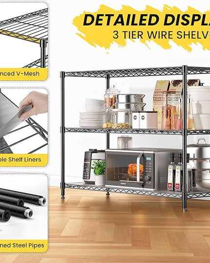 3-Shelf Adjustable Storage Shelves 36" W x 14" D x 36" H Metal Shelving Unit Heavy Duty Wire Rack Small Organizer with 3 Shelf Liners for Kitchen Pantry Bathroom Laundry Closet Garage Black