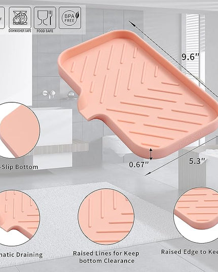 Silicone Bathroom Soap Dishes with Drain Spout-Bathroom and Kitchen Sink Organizer,Sponge Holder,Dish Soap Tray,Perfect for Dispenser,Scrubber,Bottle,Cup on Sink or Counter-Pink 9.6"×5.3"