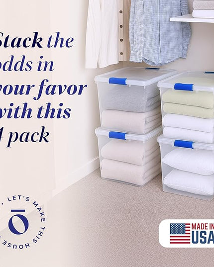 HOMZ 4-Pack Latching Lid, Large Clear Plastic Storage Bins with Lids, 31 Quart, Blue Latch - Stackable Container Boxes for Home, Bathroom, and Office Organization