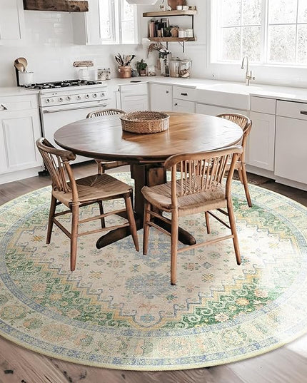 MUJOO Round Rugs 6ft,Circle Area Rug Washable,Circular Rugs for Living Room Dining Room,Large Boho Non Slip Throw Carpet Light Green and Blue