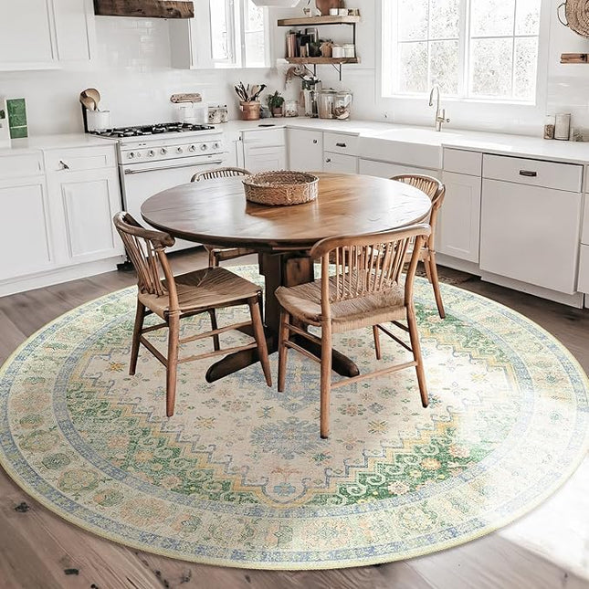 MUJOO Round Rugs 6ft,Circle Area Rug Washable,Circular Rugs for Living Room Dining Room,Large Boho Non Slip Throw Carpet Light Green and Blue