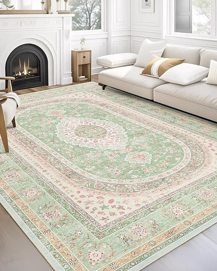 8x10 Area Rugs Washable,Green Rug for Living Room Bedroom Dining Room,Large Boho Vintage Bohemian Distressed Oriental Carpet Non Slip,Sage Blush Floral