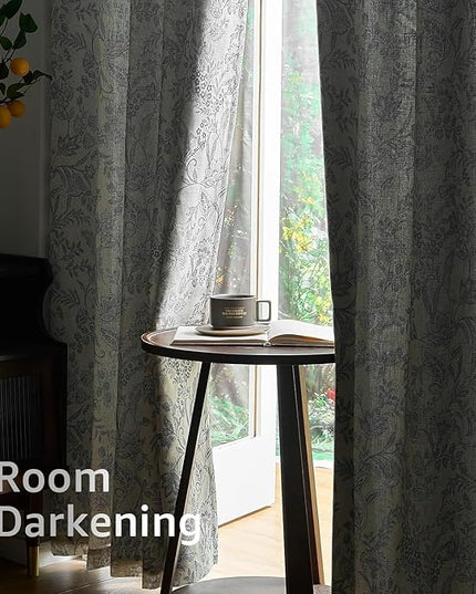 Lazzzy Grey Floral Lined Curtains Linen Farmhouse 96 Inches Long Grommet Top Drapes for Living Room Bedroom Flower Printed Country Vintage Curtains 2 Panels Set Gray on Beige