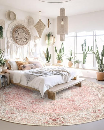 Round Rug 9ft,Large Pink Circle Area Rugs for Bedroom Living Room,Washable Boho Vintage Bohemian Distressed Oriental Floral Carpet Non Slip