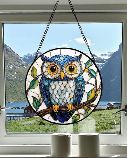 Stained Glass Window Hanging, Owl Gifts for Women Sun Catchers Diamond Glass Panel Hangings Birds Suncatcher Decor for Birthday for Women, Men, Wife, Aunt, and Mom 11.8x11.8 in