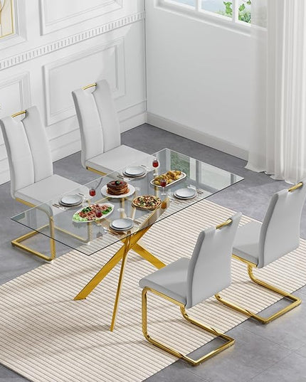 5 Piece Glass Dining Table Set, Glass Kitchen Dining Room Table Set for 4, 61" Modern Rectangular Gold Glass Metal Dining Table with 4 Grey PU Leather Dining Chairs for Kitchen Dining Room