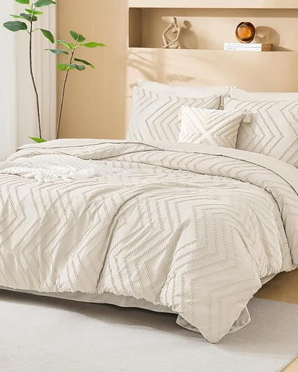 Litanika California King Comforter Set with Sheets Beige - 7 Pieces Bed in a Bag Cal King Cream Boho Tufted Complete Bedding Sets with Comforter, Sheets, Pillowcases & Shams